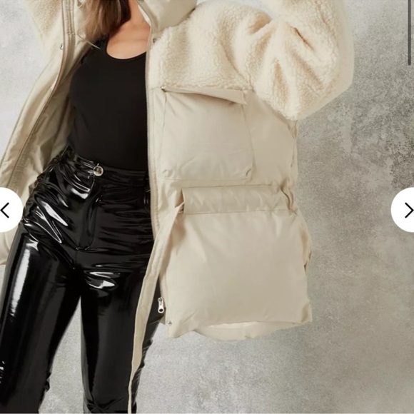 Missguided Tall Borg Mix Cinched Waist Puffer Jacket Black Teddy Size 4 - Picture 8 of 10